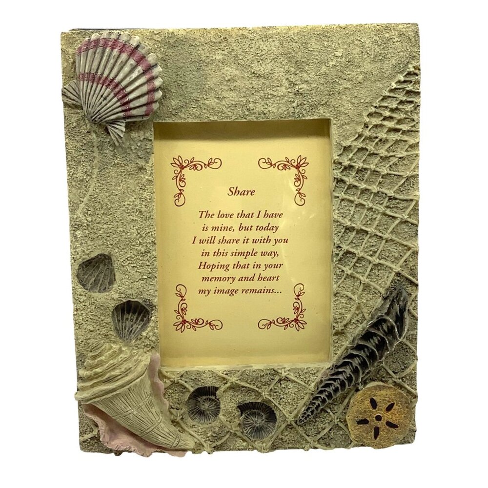 3D Seashell Ocean Photo Frame Sentimental Poem Vacation Memories Resin 7" x 5.5"